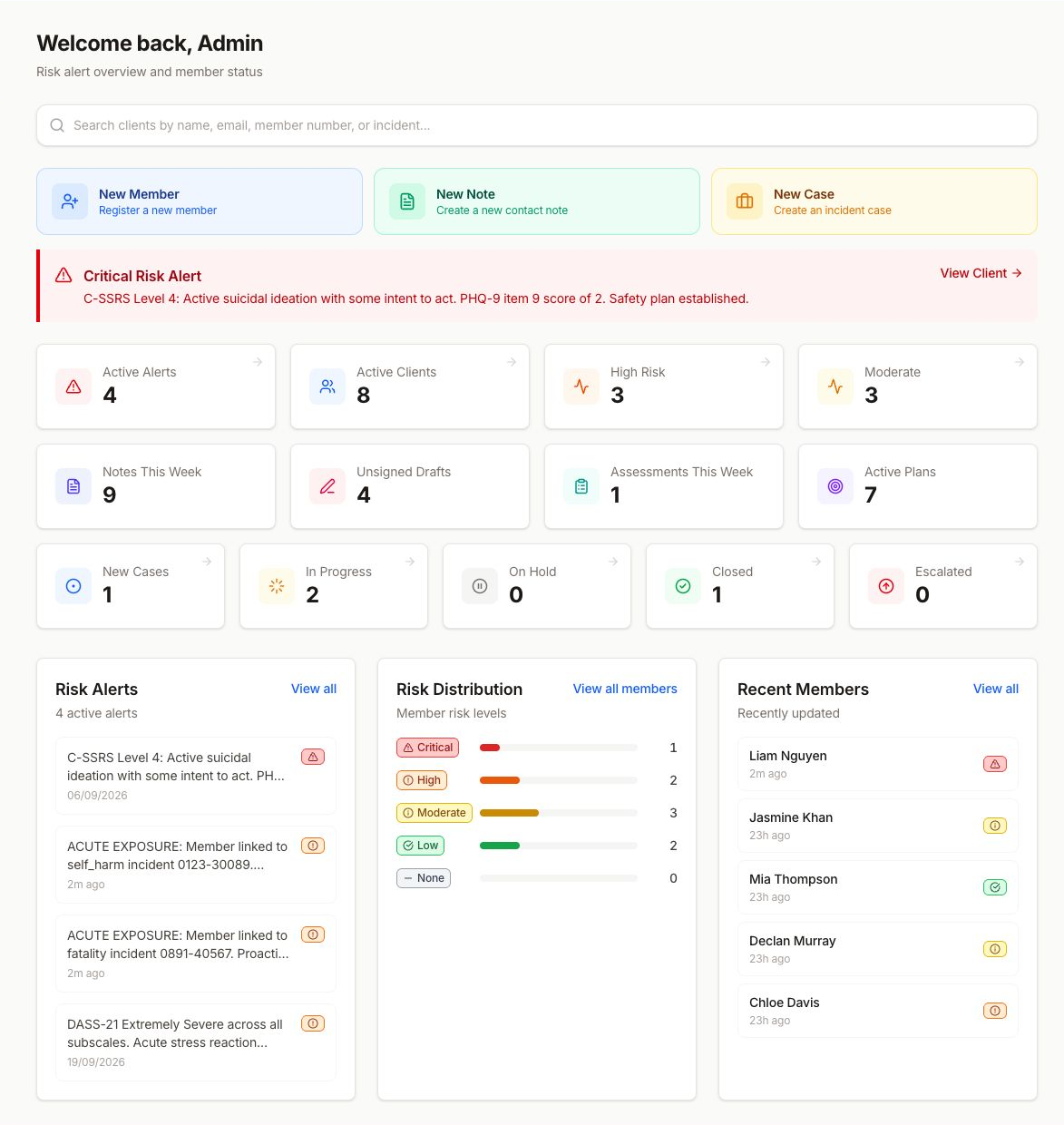 Actual CaseNote dashboard with synthetic data